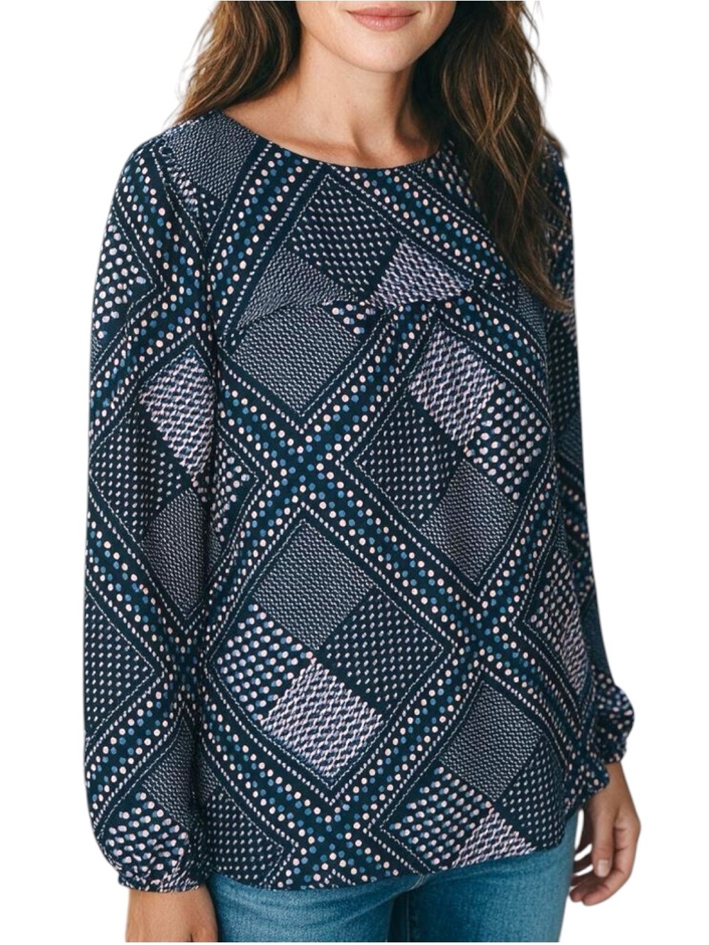 Ann Taylor LOFT Sz XL Navy Pink Geometric Long Sleeve Dressy Top Blouse